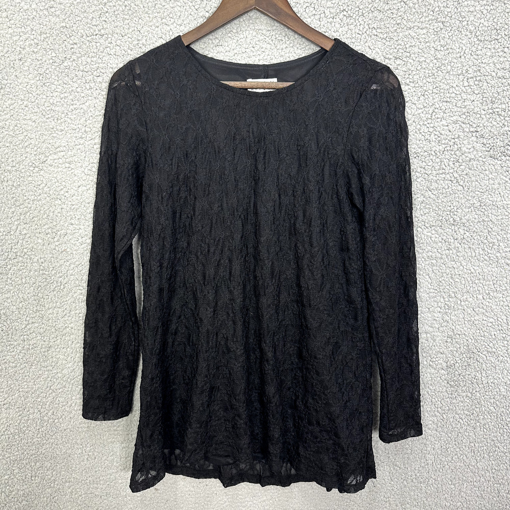 Joan Rivers Lace Tunic Top Womens XS Black Long Sleeve Floral Crew Neck Elegant